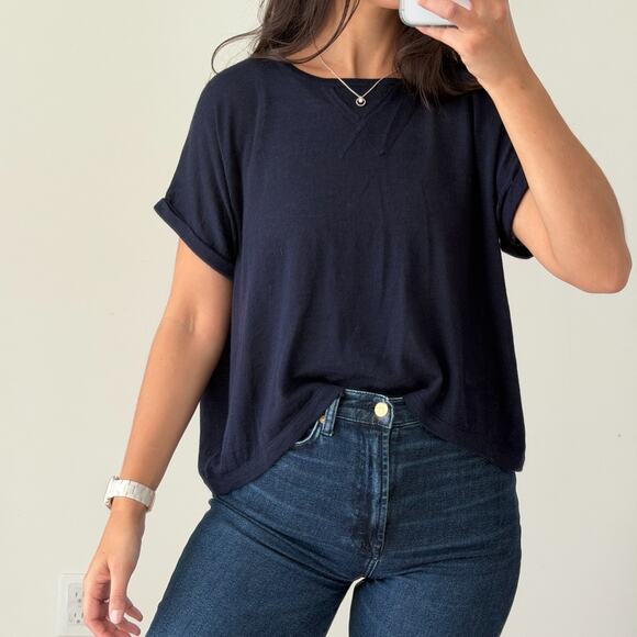 Autumn Cashmere Top Medium Navy Lagenlook Crop Lightweight Sweater Quiet Luxury - Picture 10 of 10
